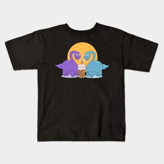 Long Neck Dino Cartoon Drinking Boba Kids T-Shirt by Bubbly Tea